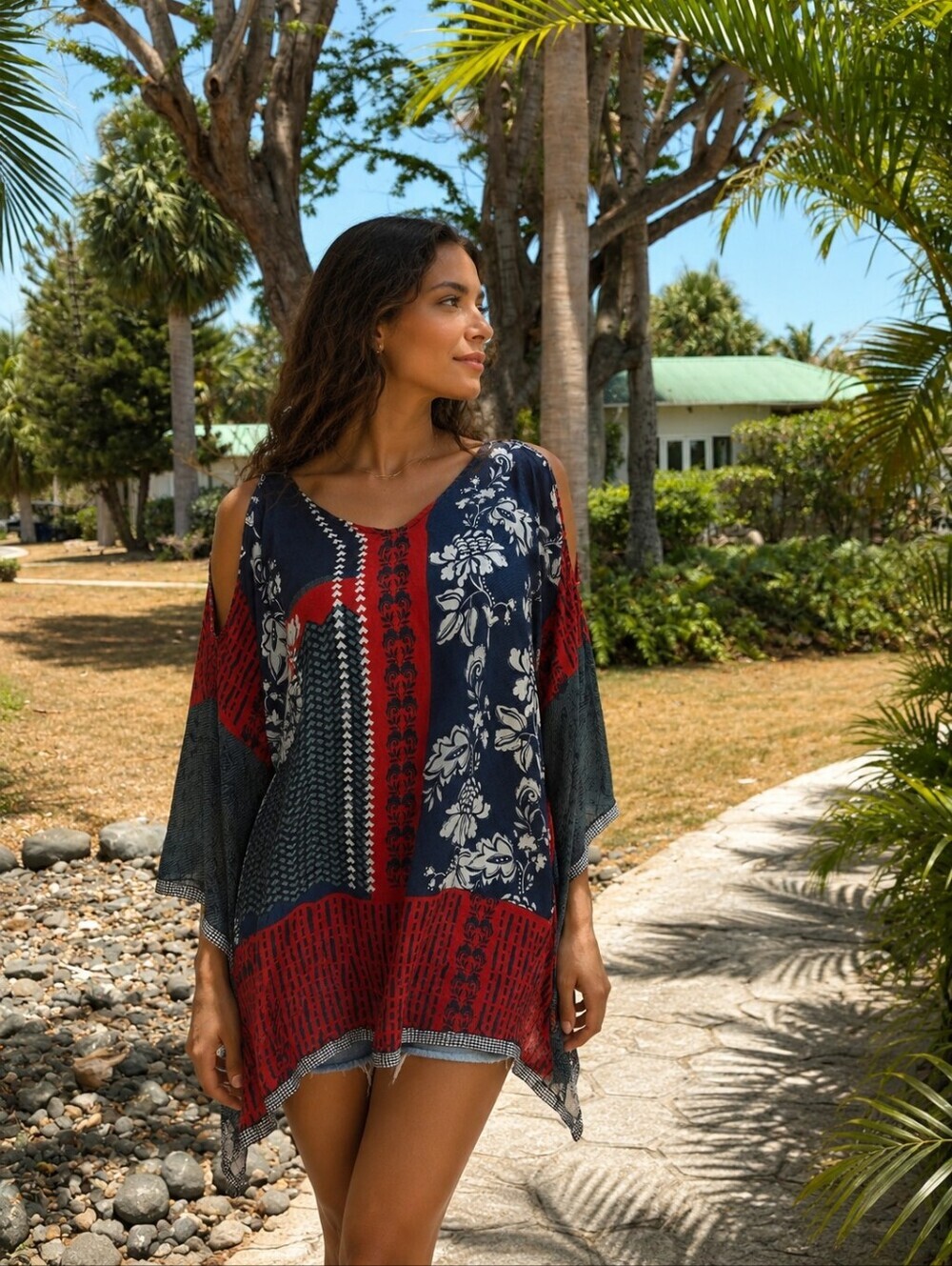 Johnny Was Navy and Red Floral Patchwork Tunic Size Medium
